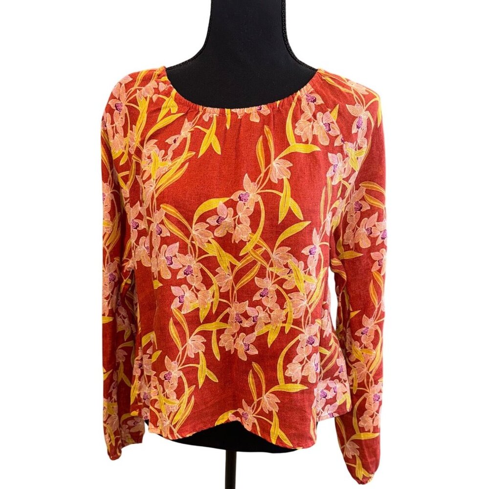 Floral Red Yellow 100% Linen Blouse Long Sleeves Rounded Hem Sustainable Cottage